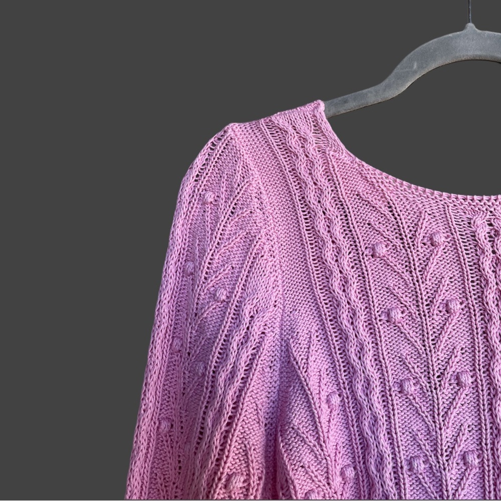 SEZANE Rose Pink Lilac Pom Pom Texture Cableknit Balloon Sleeve Beryl Cardigan - Picture 13 of 15
